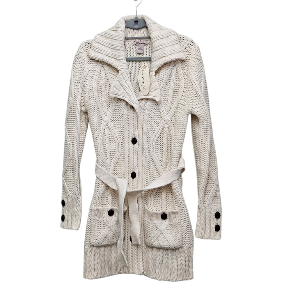 Glimmer‎ Cardigan Sweater M Cream Cable Knit Belt Shawl Collar Coastal Fisherman